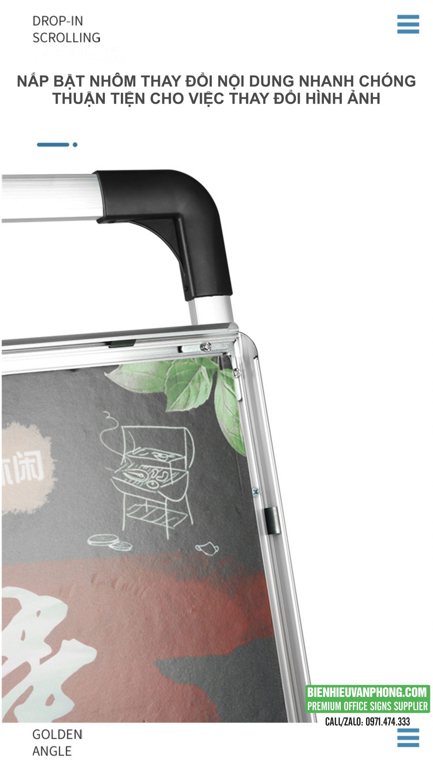 Kệ nhôm chữ A thay đổi nội dung dễ dàng với nắp bật.