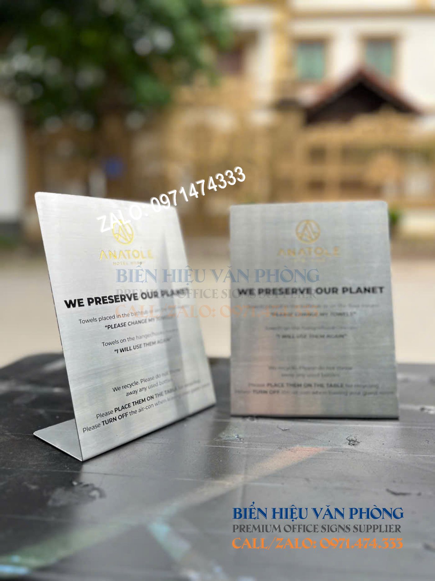 Bảng chú ý sử dụng hotel, bảng sử dụng phòng khách sạn, biển sử dụng khăn tắm, bảng để bàn quy định hotel